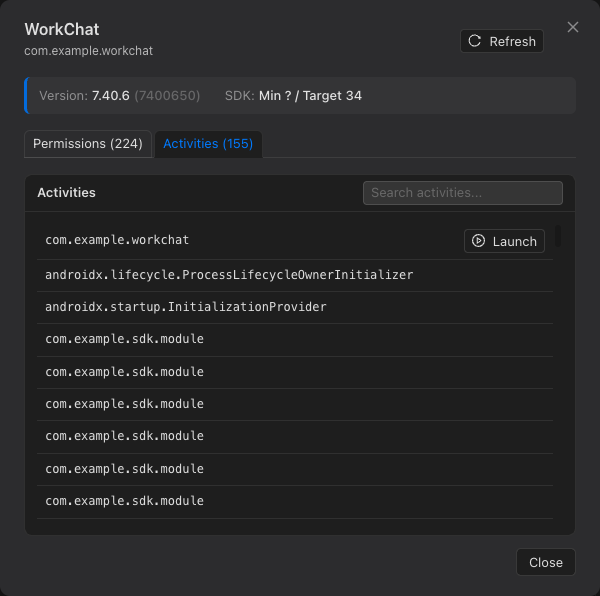App info activities tab with launch buttons