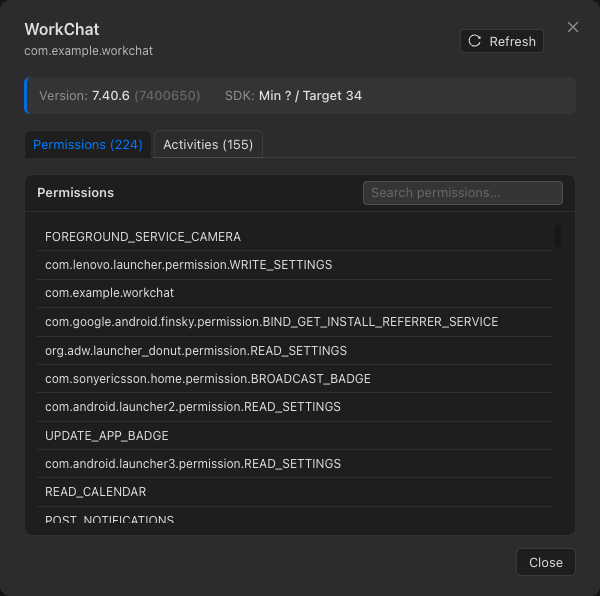 App info modal with permissions