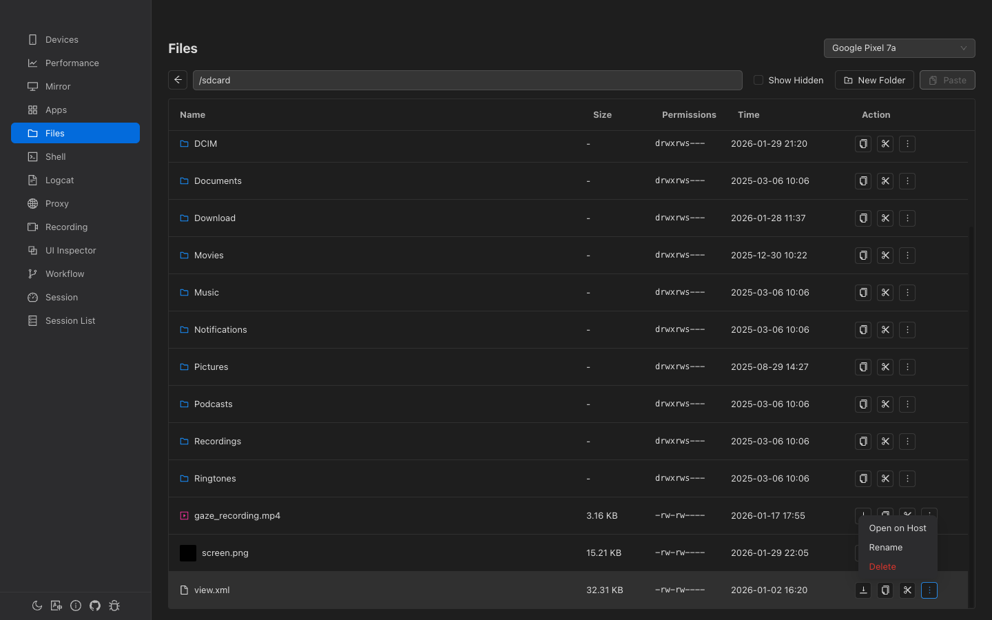 File context menu with actions