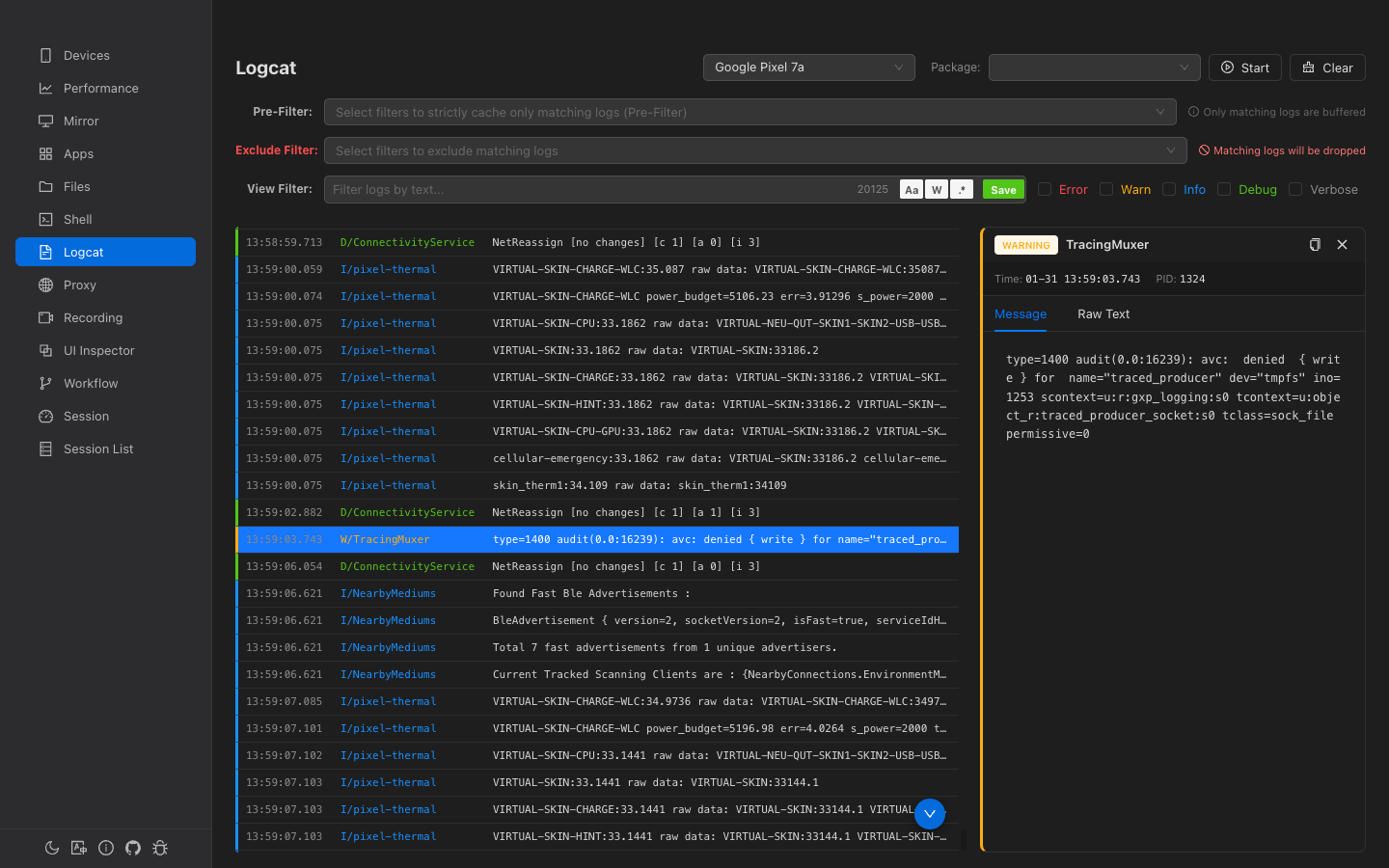 Log detail panel with message and raw tabs
