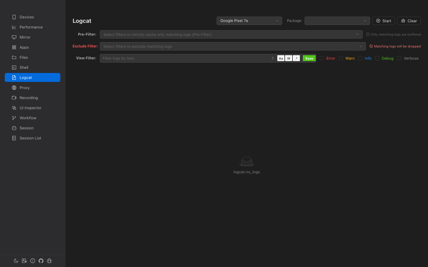Logcat filter system with pre-filter and exclude