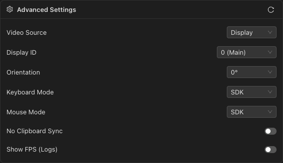 Advanced settings panel