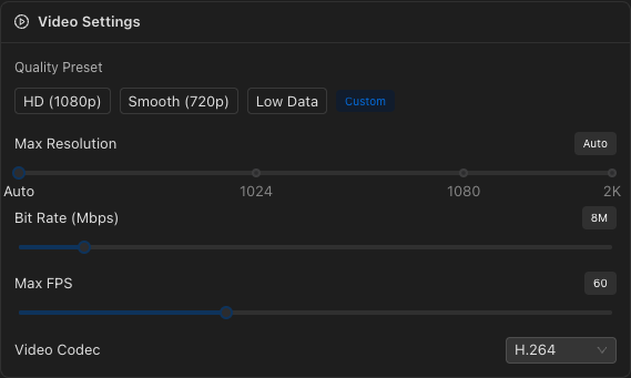 Video settings panel