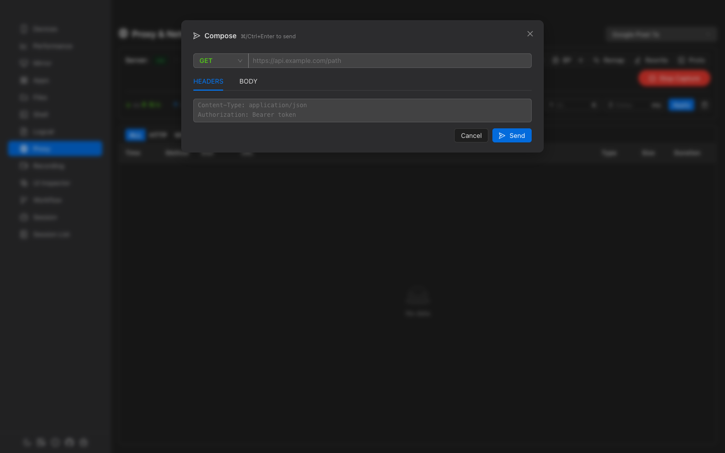 HTTP request composer with method, URL, headers and body