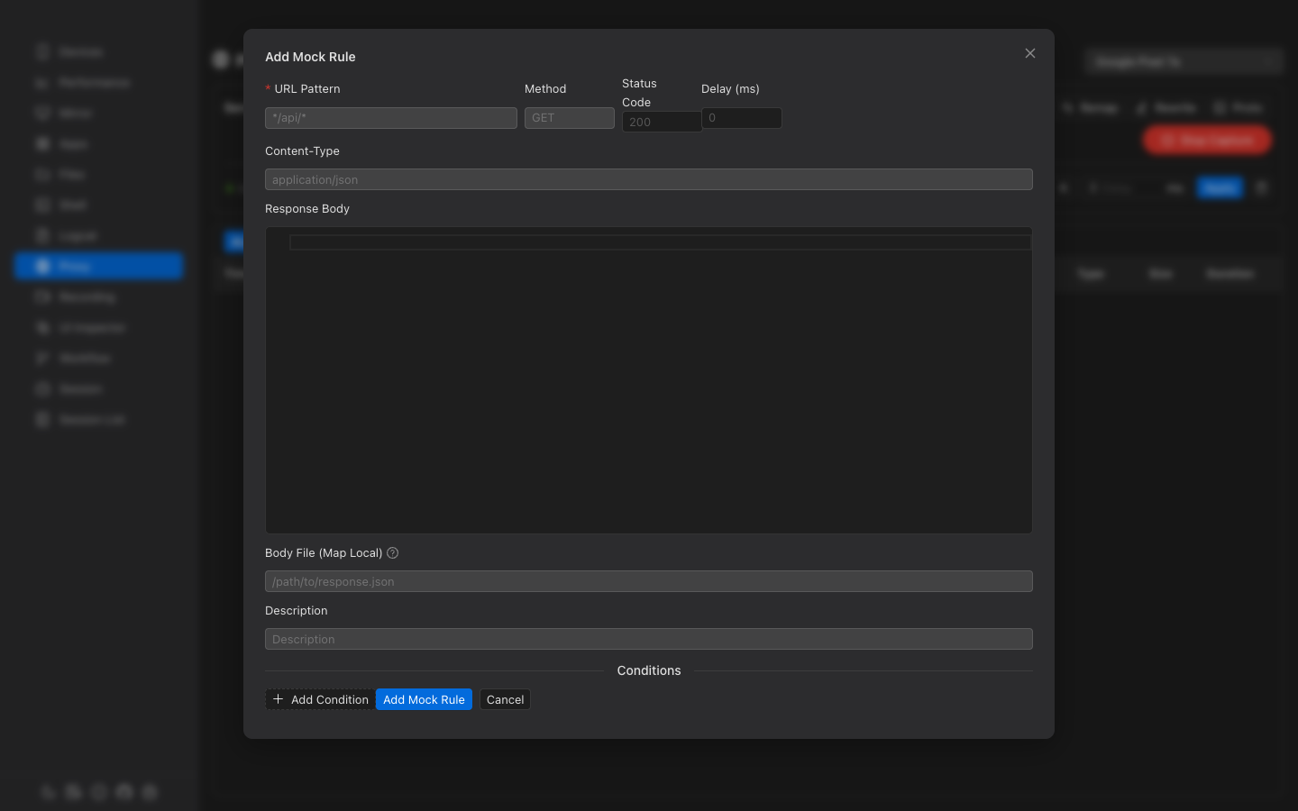 Mock rule editor with URL pattern and response body