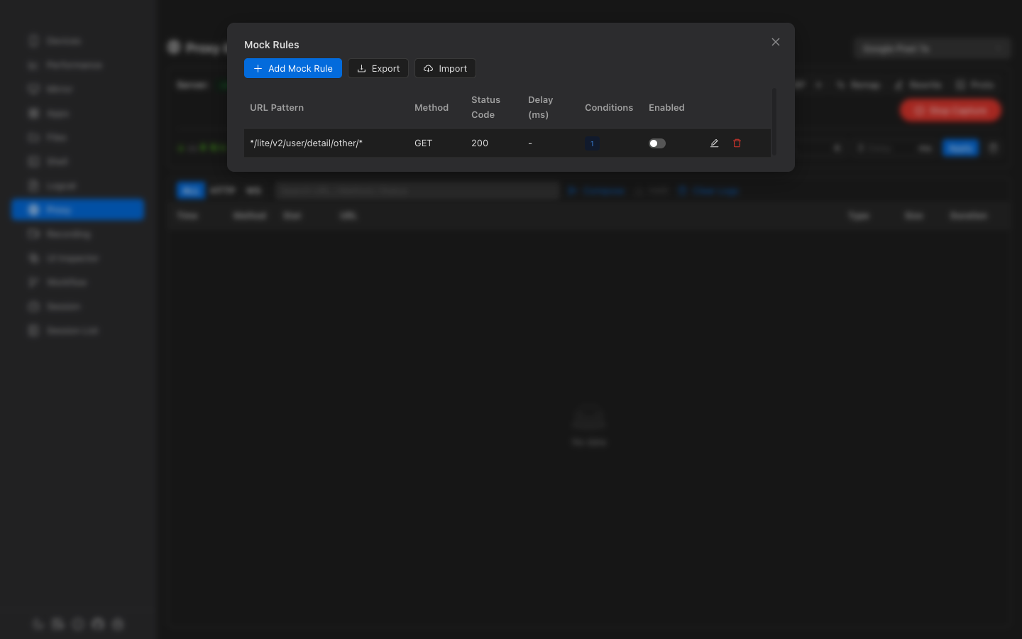 Mock rules list with enabled/disabled toggles