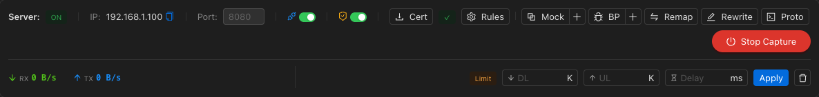 Proxy toolbar with server controls and MITM toggle