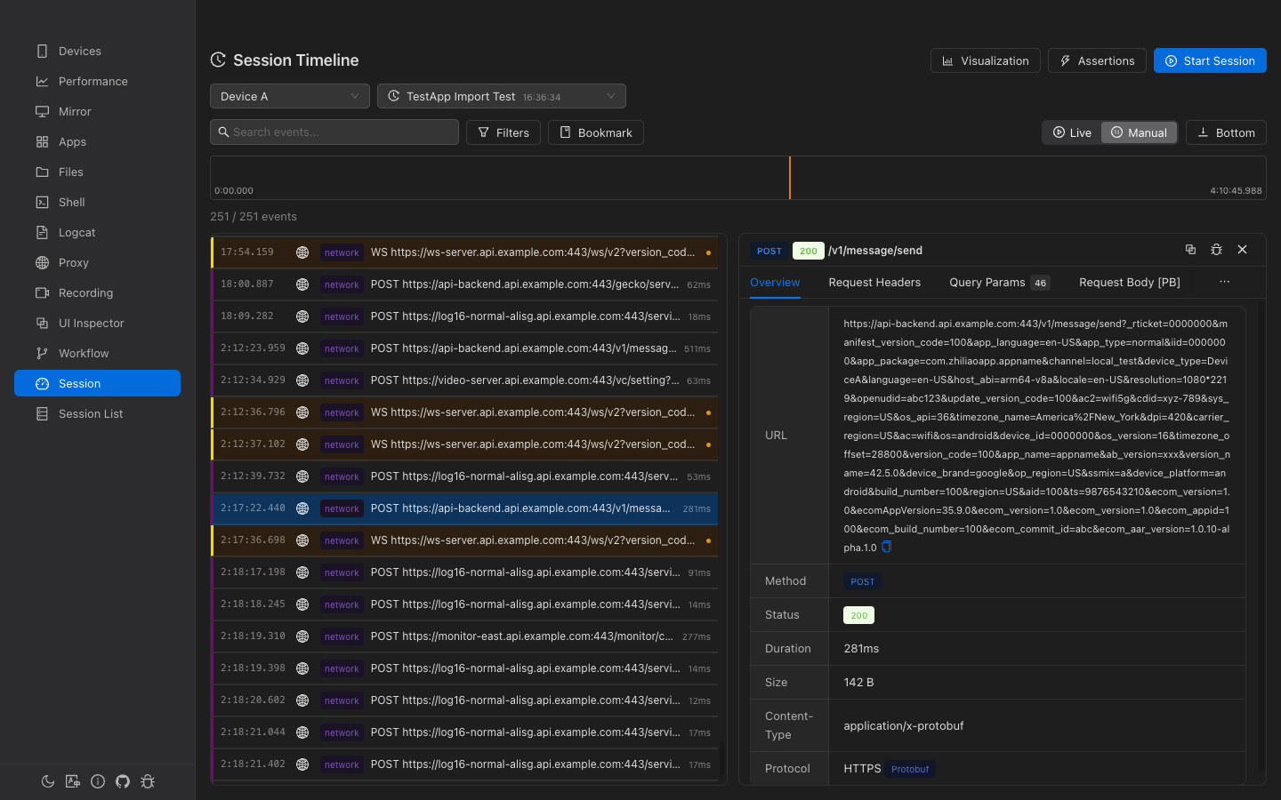 Event detail panel with metadata and JSON tree viewer