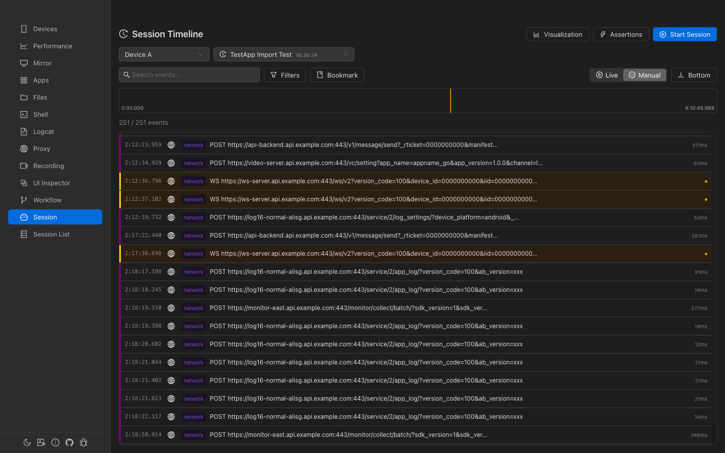 Event timeline with time ruler, source tags, and event list