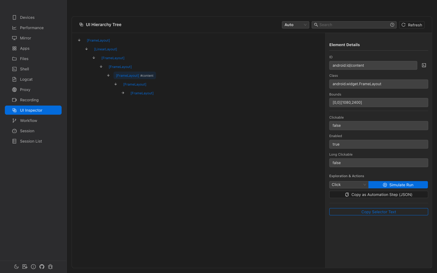 UI hierarchy tree with expandable nodes and element properties