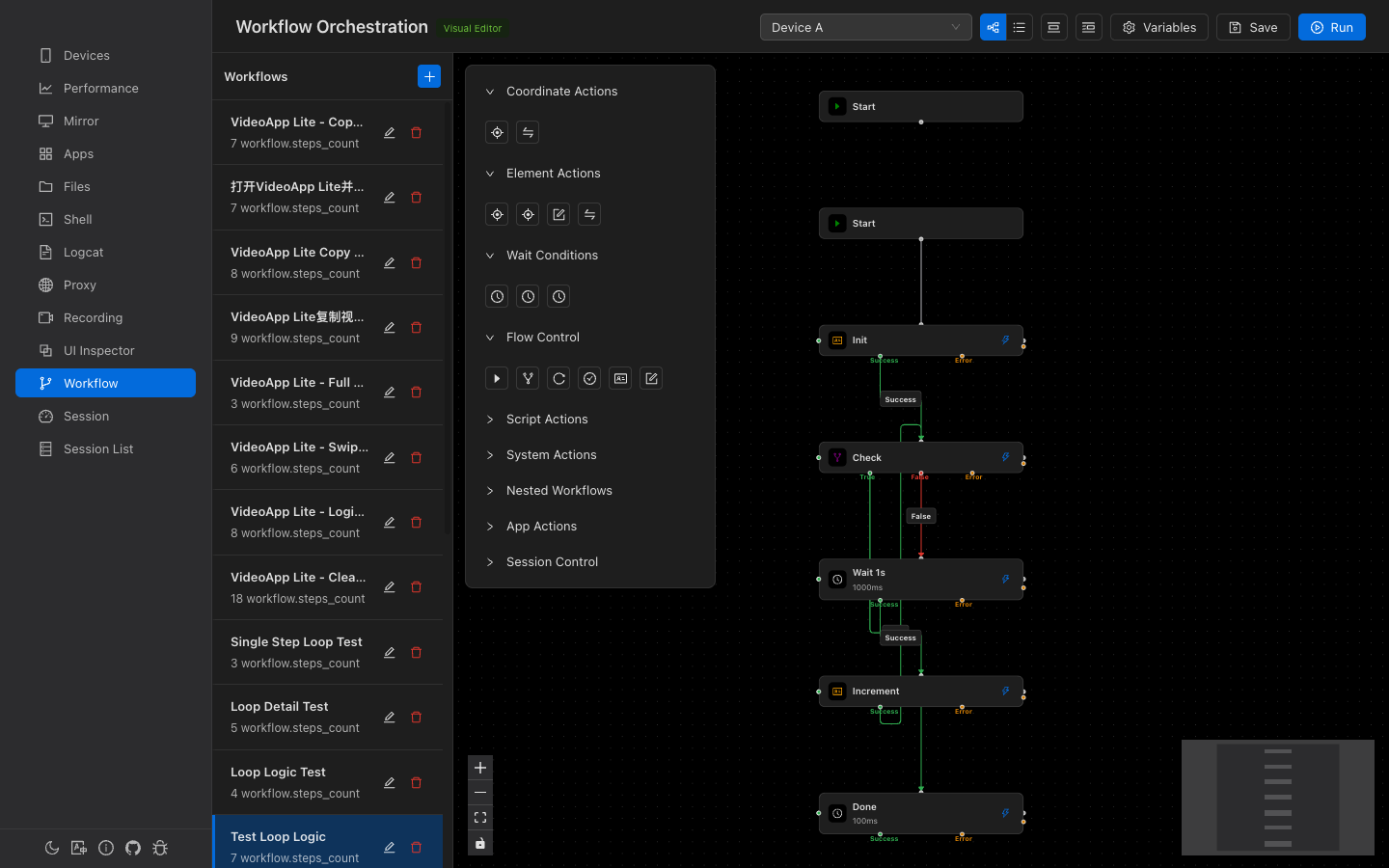 Visual node editor with connected workflow steps